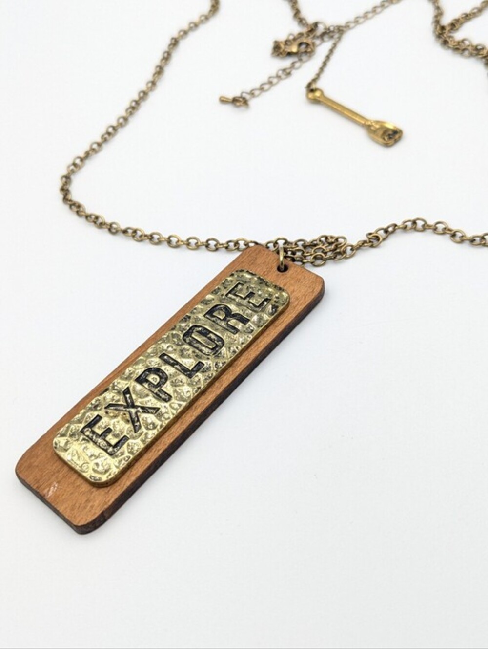 5/25$   Long chain necklace EXPLORE wood dog tag style pendant